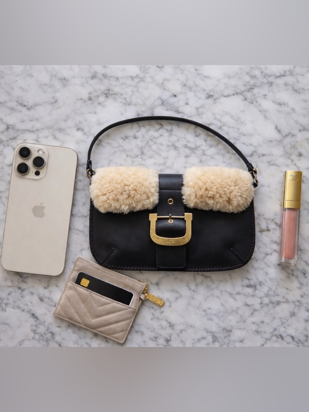 Leather Shearling Accent Clutch Wristlet - Black